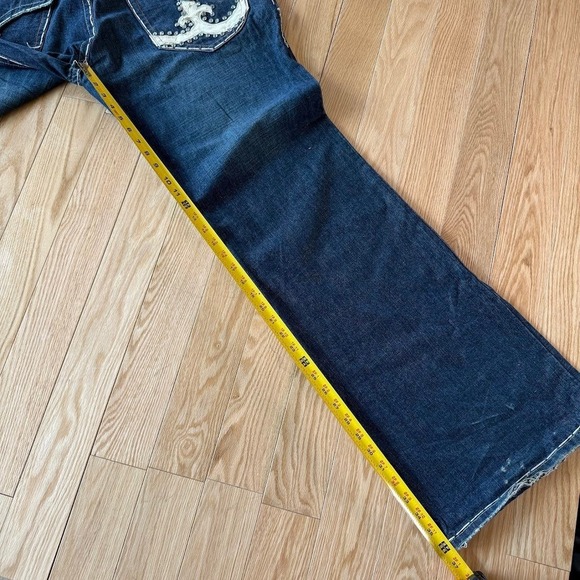 Laguna Beach Jean Co Dark Blue Flare Jeans Embroidered Skull Button USA 42x36